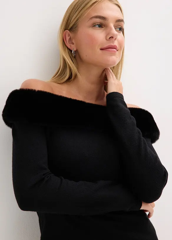 Pletené šaty s lemem z umělé kožešiny, bonprix