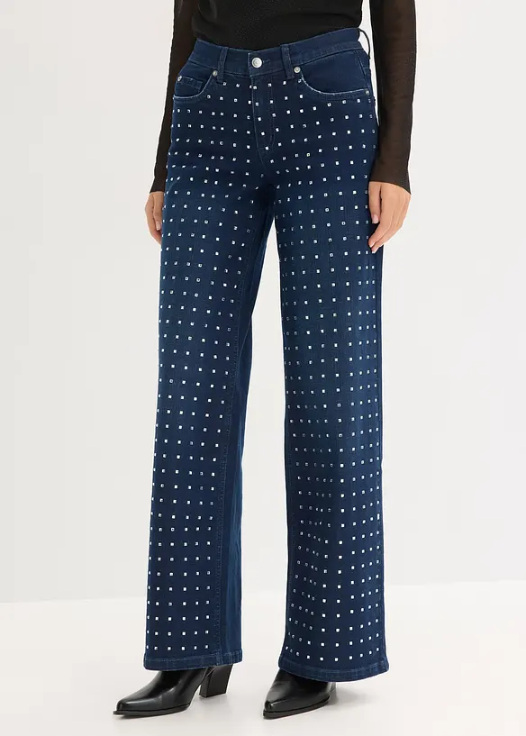 Džíny Straight, Loose, Mid Wast s aplikací ze štrasových kamínků, bonprix