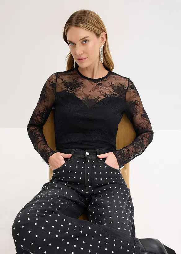 Triko s dlouhým rukávem, z jemné krajky, bonprix