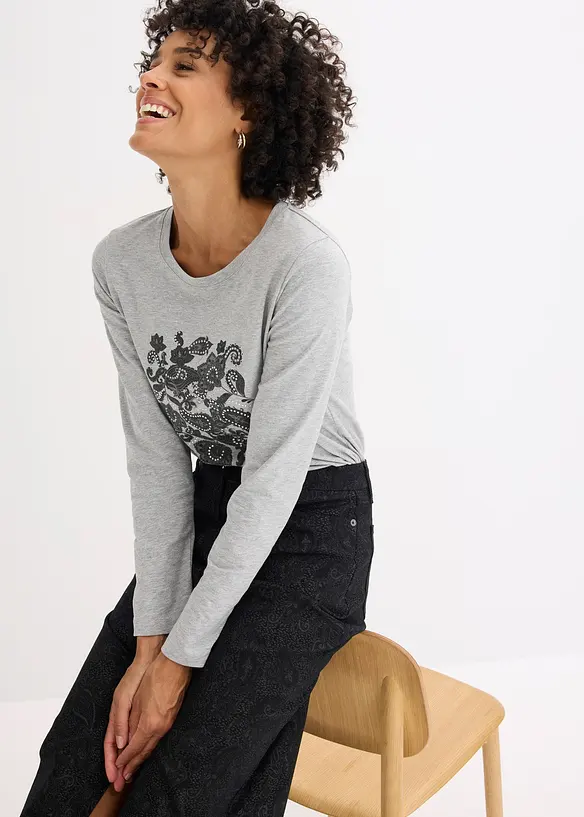 Tričko s dlouh&yacute;m ruk&aacute;vem a dekorativn&iacute;m potiskem, z organick&eacute; bavlny, bonprix