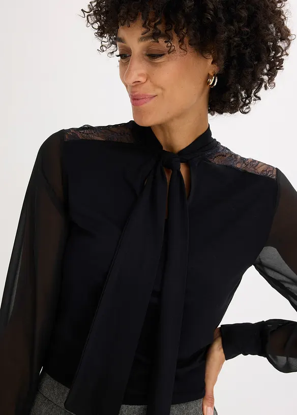 Triko s vázačkou a krajkou, bonprix