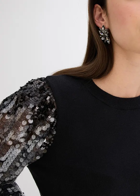 Svetr z jemné pleteniny, s pajetkami na rukávech, bonprix