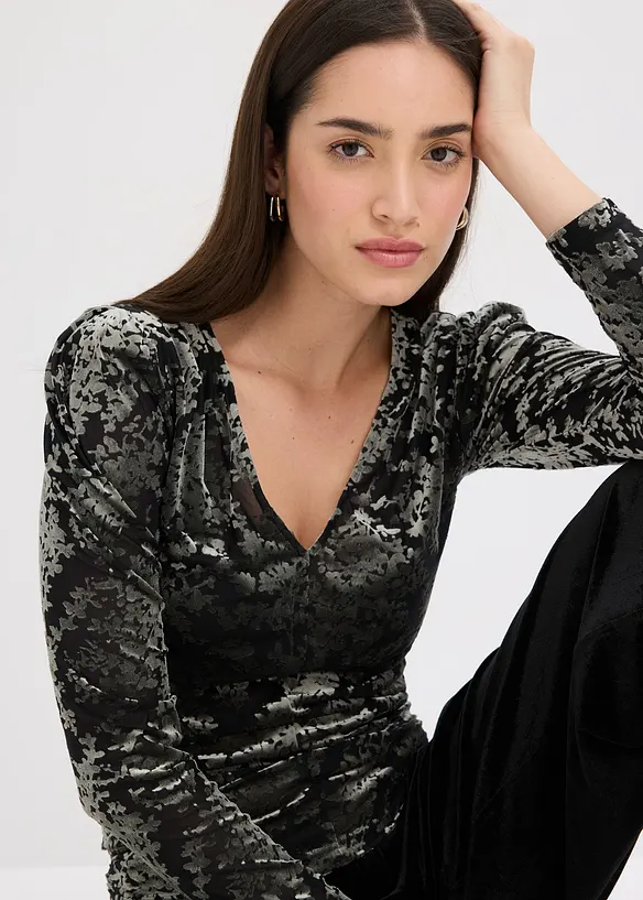 Tričko s dlouhým rukávem, ze sametu s vypalovaným vzorem, bonprix