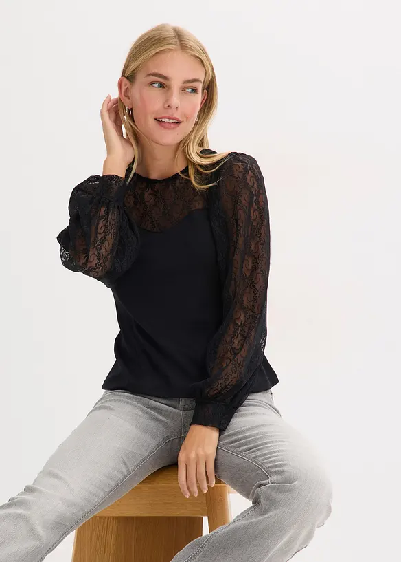 Triko s dlouhým rukávem a krajkou, bonprix