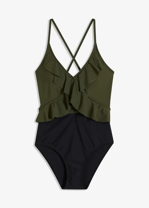 Jednod&iacute;ln&eacute; plavky s prostřihem a vol&aacute;ny, bonprix