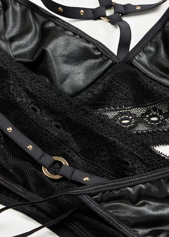 Podprsenka, tanga, podvazky s mokr&yacute;m efektem (3d&iacute;ln&aacute; souprava), bonprix