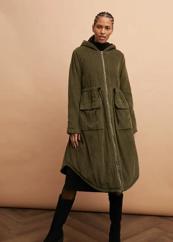 Manšestrový kabát s kapucí s medvídkovým flísem, z čisté bavlny, bonprix