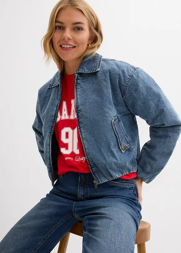 Zateplen&aacute; dž&iacute;nov&aacute; bunda, balonov&yacute; lem, bonprix