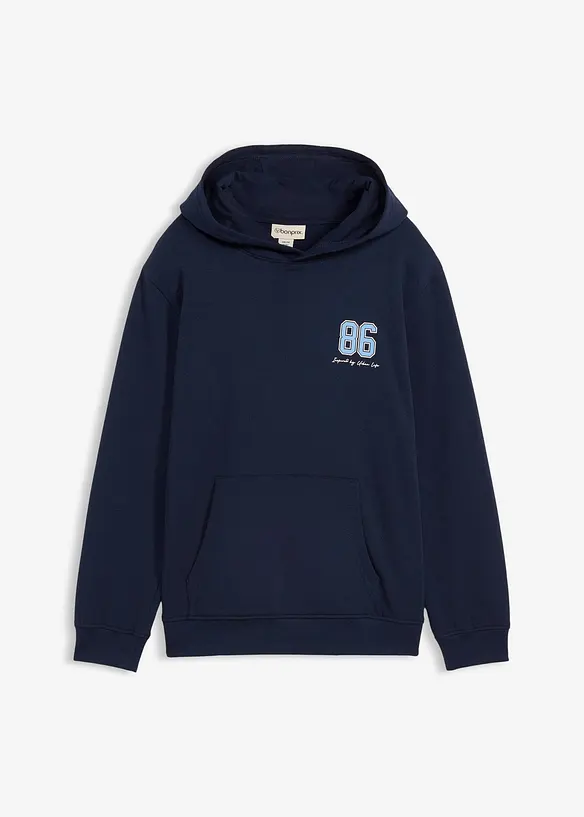 Mikina s kapuc&iacute; a velk&yacute;m potiskem na z&aacute;dech, z čist&eacute; organick&eacute; bavlny, Loose Fit, bonprix