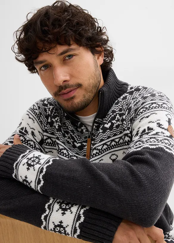 N&aacute;mořnick&yacute; svetr s norsk&yacute;m vzorem a l&iacute;mečkem na zip, bonprix