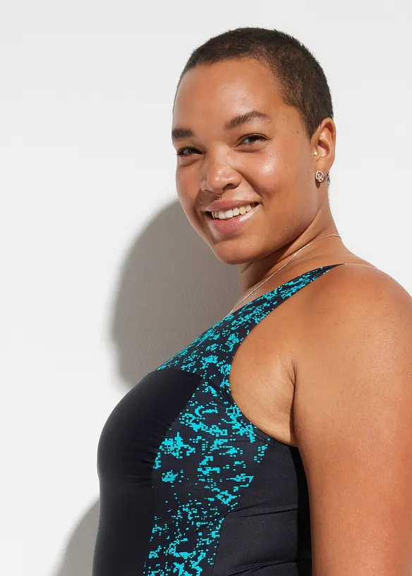 Stahovac&iacute; jednod&iacute;ln&eacute; plavky, středn&iacute; tvaruj&iacute;c&iacute; efekt, s hranat&yacute;m v&yacute;střihem, bonprix