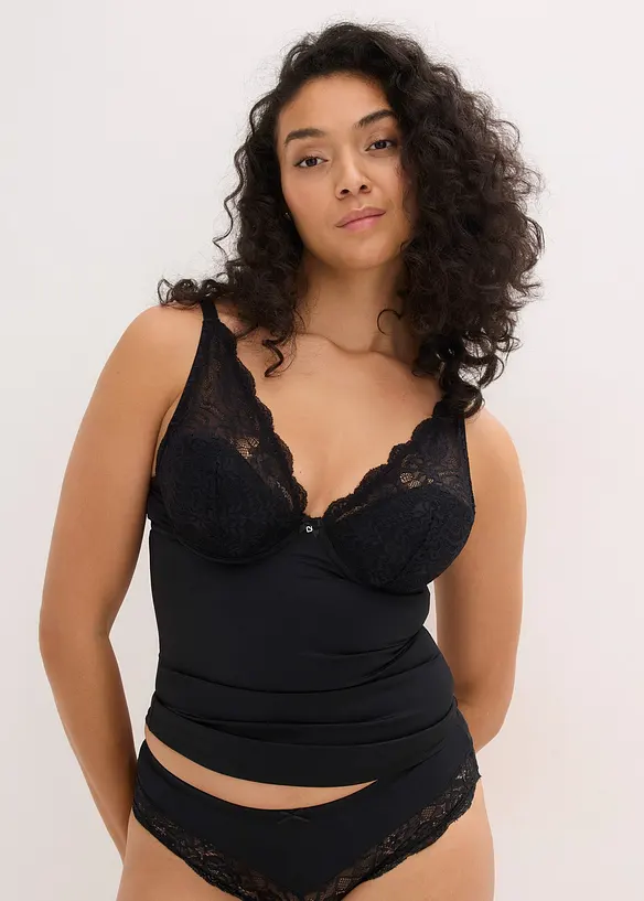 Stahovac&iacute; top s vyztuženou podprsenkou a krajkou, středn&iacute; tvaruj&iacute;c&iacute; efekt, bonprix