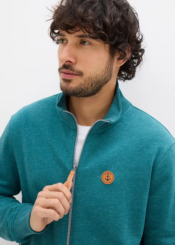 Mikina na zap&iacute;n&aacute;n&iacute; se stoj&aacute;čkem a s detaily z imitace kůže, bonprix