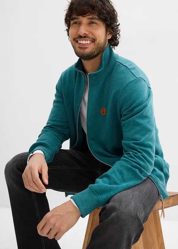 Mikina na zap&iacute;n&aacute;n&iacute; se stoj&aacute;čkem a s detaily z imitace kůže, bonprix