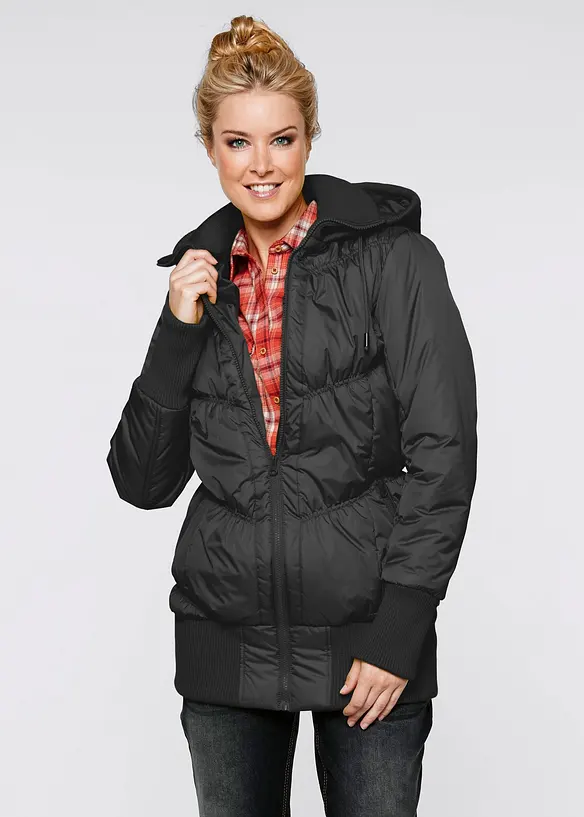 Pro&scaron;&iacute;van&aacute; bunda s kapuc&iacute; s &scaron;irok&yacute;m pohodln&yacute;m doln&iacute;m lemem, bonprix