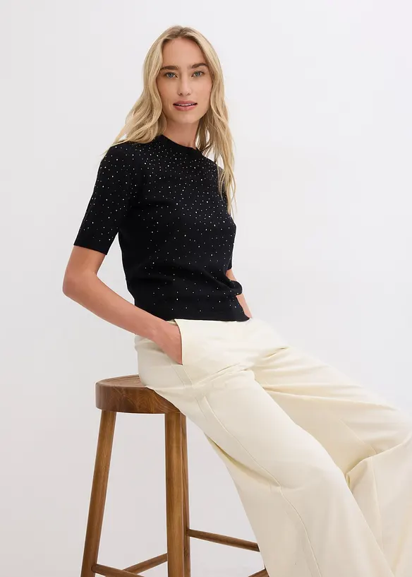 Svetr z jemn&eacute; pleteniny, se třpytiv&yacute;mi kam&iacute;nky, polovičn&iacute; ruk&aacute;v, bonprix