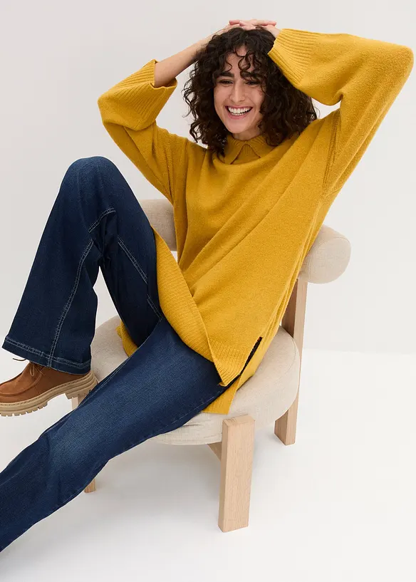 Dlouh&yacute; svetr Oversized s vysok&yacute;m l&iacute;mečkem a postrann&iacute;mi rozparky, bonprix