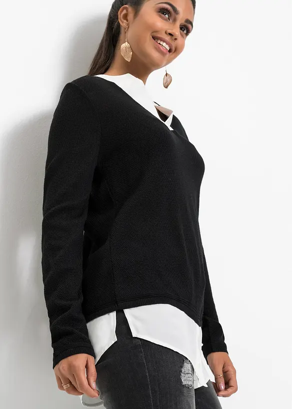 Svetr z jemn&eacute; pleteniny, s halenkovou vsadkou, bonprix