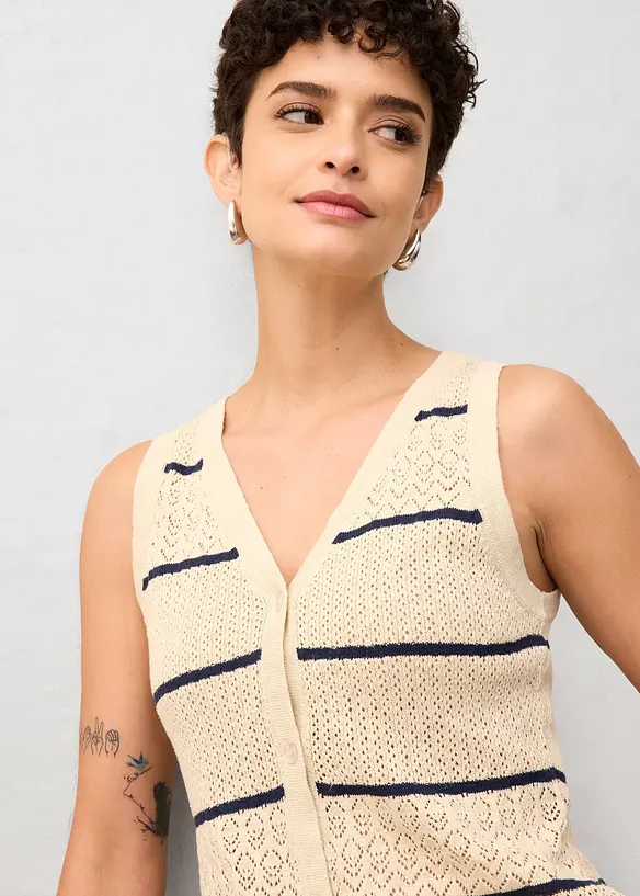 Ažurov&aacute; pleten&aacute; vesta s pod&iacute;lem lnu, bonprix