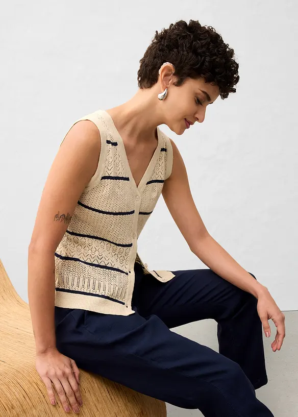Ažurov&aacute; pleten&aacute; vesta s pod&iacute;lem lnu, bonprix