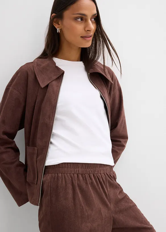 Kalhoty bez zap&iacute;n&aacute;n&iacute;, z imitace velurov&eacute; kůže, bonprix