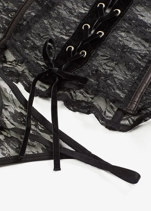 Korzet a kalhotky tanga z krajky (2d&iacute;ln&aacute; souprava), bonprix